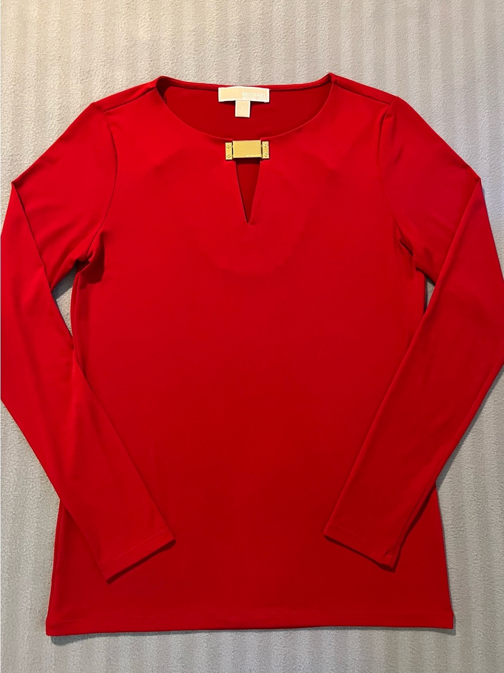 Michael Kors Bright Red Long-Sleeve Keyhole Top with Gold Accent
